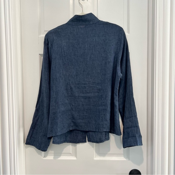 Flax 100% Linen Button Front Top Small Navy Blue Long Sleeve Mandarin Collar - Picture 4 of 6